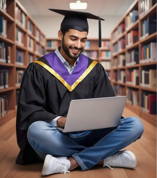 Étudiant diplômé travaillant sur son mémoire avec un ordinateur portable