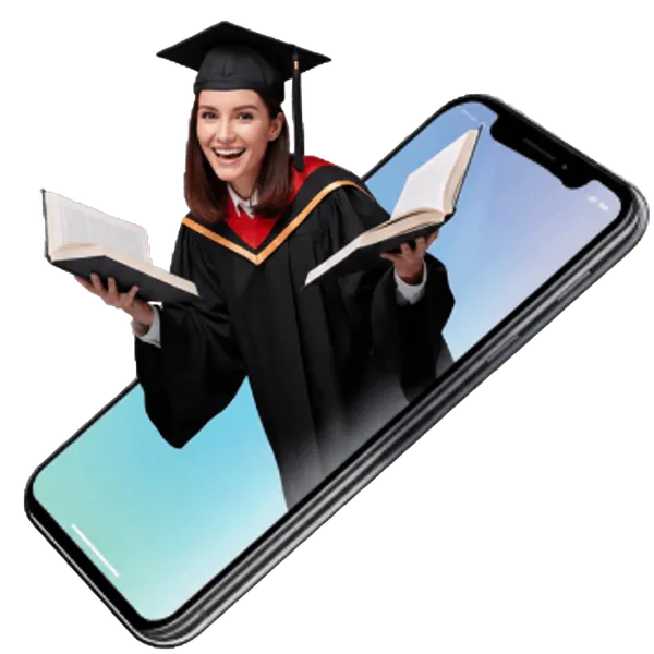 Étudiante diplômée tenant son mémoire, sortant d'un smartphone